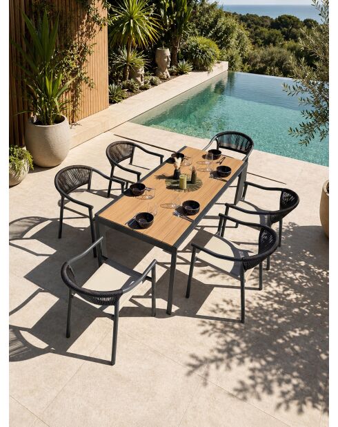 Ensemble table de jardin Tonga en aluminium et plateau polywood aspect bois et 6 fauteuils Sumba gris anthracite - 7 pièces