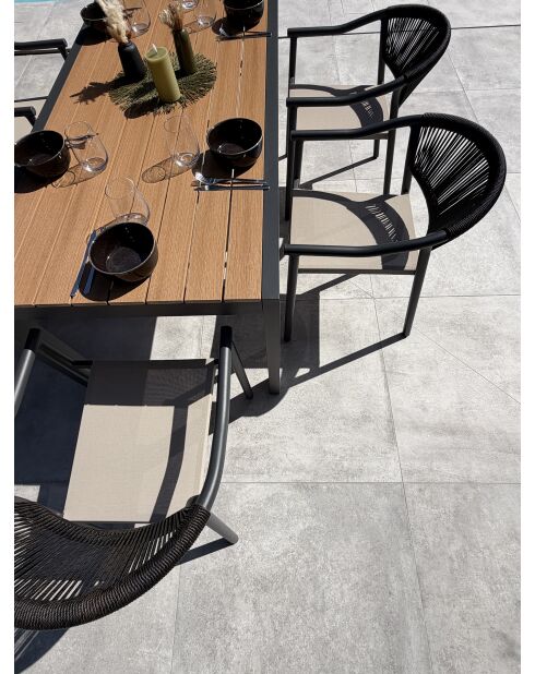 Ensemble table de jardin Tonga en aluminium et plateau polywood aspect bois et 6 fauteuils Sumba gris anthracite - 7 pièces