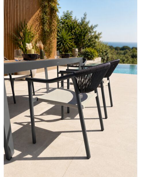 Ensemble table de jardin Tonga en aluminium et plateau polywood aspect bois et 6 fauteuils Sumba gris anthracite - 7 pièces