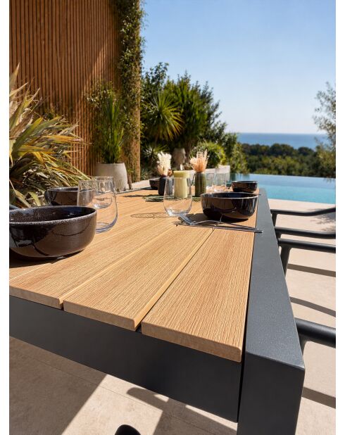 Ensemble table de jardin Tonga en aluminium et plateau polywood aspect bois et 6 fauteuils Sumba gris anthracite - 7 pièces
