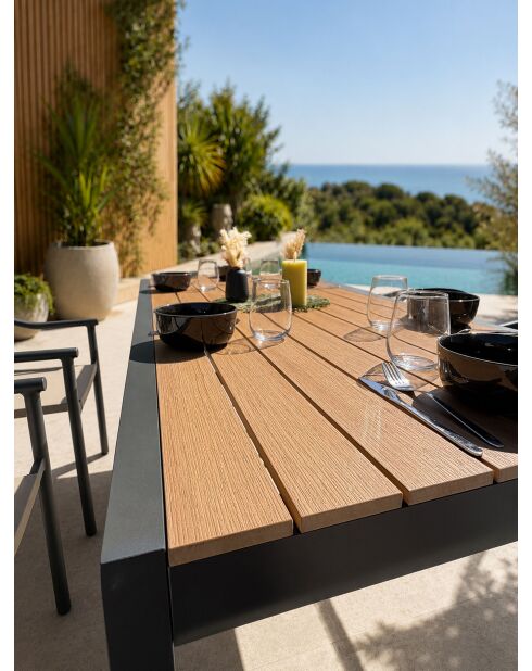 Ensemble table de jardin Tonga en aluminium et plateau polywood aspect bois et 6 fauteuils Sumba gris anthracite - 7 pièces