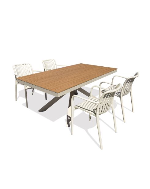Ensemble table de jardin Lamu en aluminium et plateau polywood aspect bois et 4 fauteuils Tiago sable grège - 5 pièces