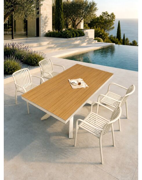 Ensemble table de jardin Lamu en aluminium et plateau polywood aspect bois et 4 fauteuils Tiago sable grège - 5 pièces