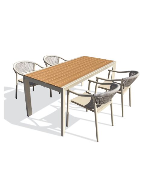 Ensemble table de jardin Tonga en aluminium et plateau polywood aspect bois et 4 fauteuils Sumba grège- 5 pièces