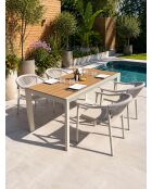 Ensemble table de jardin Tonga en aluminium et plateau polywood aspect bois et 4 fauteuils Sumba grège- 5 pièces