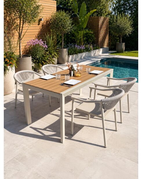 Ensemble table de jardin Tonga en aluminium et plateau polywood aspect bois et 4 fauteuils Sumba grège- 5 pièces