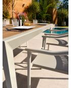 Ensemble table de jardin Tonga en aluminium et plateau polywood aspect bois et 4 fauteuils Sumba grège- 5 pièces