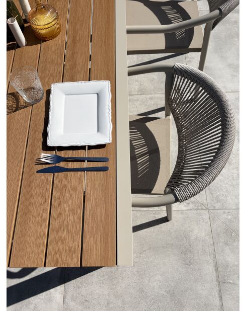 Ensemble table de jardin Tonga en aluminium et plateau polywood aspect bois et 4 fauteuils Sumba grège- 5 pièces