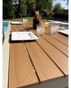 Ensemble table de jardin Tonga en aluminium et plateau polywood aspect bois et 4 fauteuils Sumba grège- 5 pièces