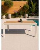 Ensemble table de jardin Tonga en aluminium et plateau polywood aspect bois et 4 fauteuils Sumba grège- 5 pièces