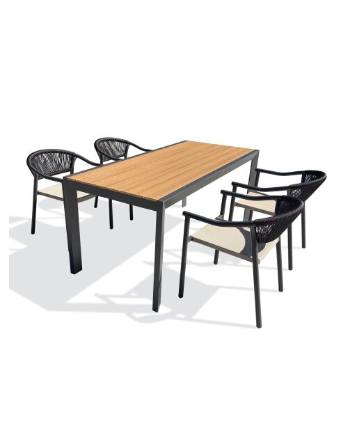 Ensemble table de jardin Tonga en aluminium et plateau polywood aspect bois et 4 fauteuils Sumba gris anthracite - 5 pièces