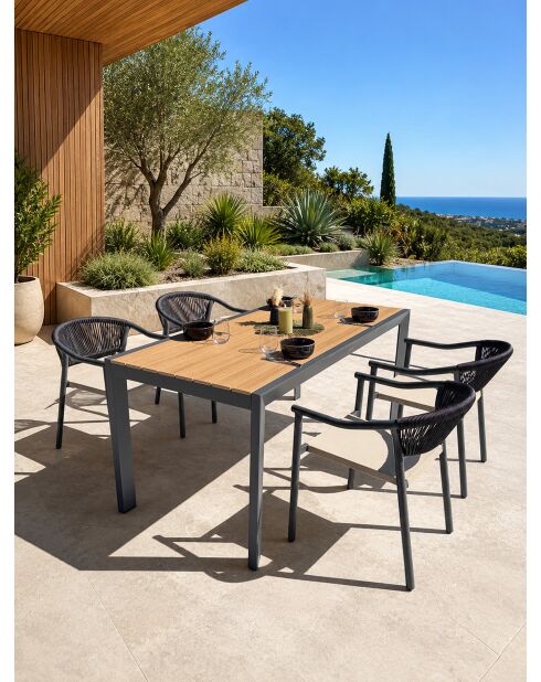 Ensemble table de jardin Tonga en aluminium et plateau polywood aspect bois et 4 fauteuils Sumba gris anthracite - 5 pièces