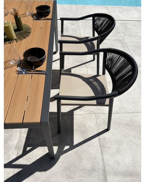 Ensemble table de jardin Tonga en aluminium et plateau polywood aspect bois et 4 fauteuils Sumba gris anthracite - 5 pièces
