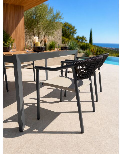 Ensemble table de jardin Tonga en aluminium et plateau polywood aspect bois et 4 fauteuils Sumba gris anthracite - 5 pièces