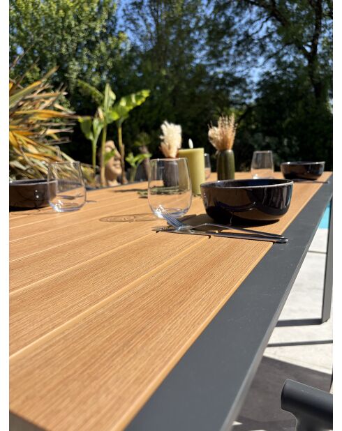 Ensemble table de jardin Tonga en aluminium et plateau polywood aspect bois et 4 fauteuils Sumba gris anthracite - 5 pièces