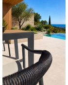 Ensemble table de jardin Tonga en aluminium et plateau polywood aspect bois et 4 fauteuils Sumba gris anthracite - 5 pièces