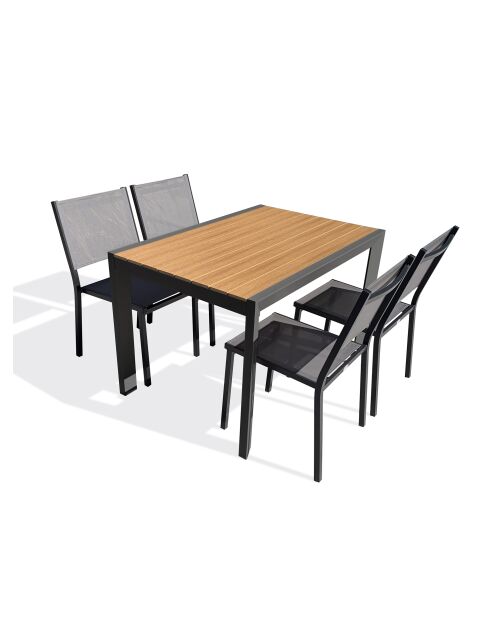 Ensemble repas d'une table de jardin Tonga en aluminium et plateau polywood aspect bois et 4 chaises Tolede empilables gris anthracite - 5 pièces