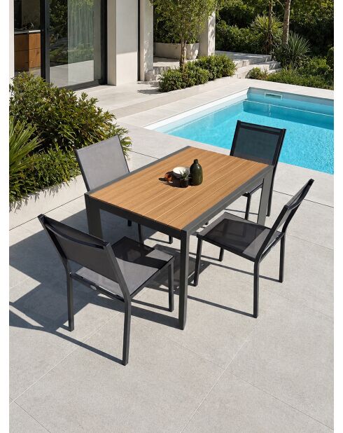 Ensemble repas d'une table de jardin Tonga en aluminium et plateau polywood aspect bois et 4 chaises Tolede empilables gris anthracite - 5 pièces
