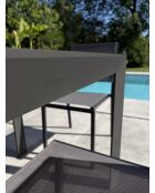 Ensemble repas d'une table de jardin Tonga en aluminium et plateau polywood aspect bois et 4 chaises Tolede empilables gris anthracite - 5 pièces