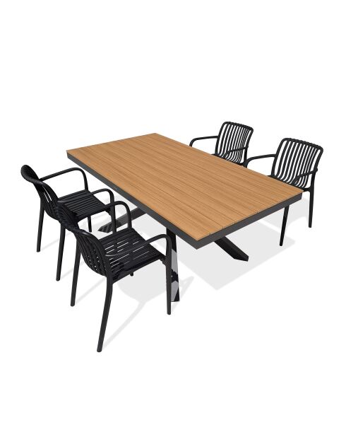 Lot composé d'une table de jardin Lamu en aluminium et plateau polywood aspect bois et 4 fauteuils Tiago noirs gris anthracite - 5 pièces