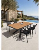 Lot composé d'une table de jardin Lamu en aluminium et plateau polywood aspect bois et 4 fauteuils Tiago noirs gris anthracite - 5 pièces