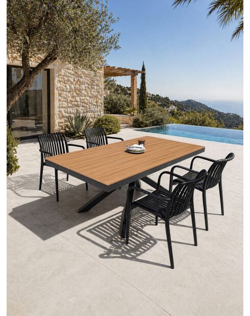 Lot composé d'une table de jardin Lamu en aluminium et plateau polywood aspect bois et 4 fauteuils Tiago noirs gris anthracite - 5 pièces