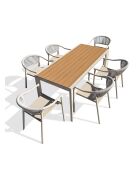 Ensemble table de jardin Tonga en aluminium et plateau polywood aspect bois et 6 fauteuils Sumba grège -7 pièces
