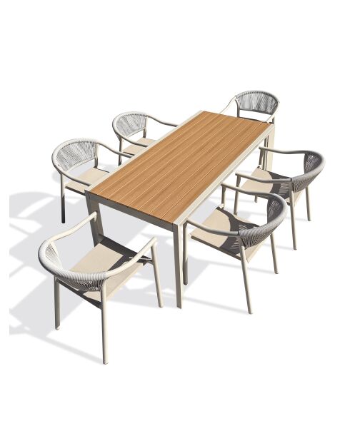 Ensemble table de jardin Tonga en aluminium et plateau polywood aspect bois et 6 fauteuils Sumba grège -7 pièces