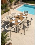 Ensemble table de jardin Tonga en aluminium et plateau polywood aspect bois et 6 fauteuils Sumba grège -7 pièces