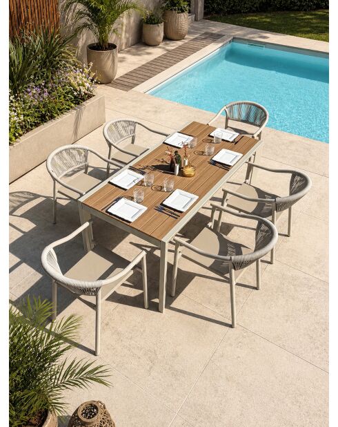 Ensemble table de jardin Tonga en aluminium et plateau polywood aspect bois et 6 fauteuils Sumba grège -7 pièces