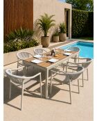 Ensemble table de jardin Tonga en aluminium et plateau polywood aspect bois et 6 fauteuils Sumba grège -7 pièces