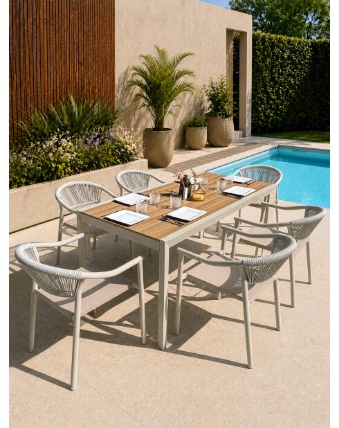 Ensemble table de jardin Tonga en aluminium et plateau polywood aspect bois et 6 fauteuils Sumba grège -7 pièces