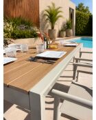 Ensemble table de jardin Tonga en aluminium et plateau polywood aspect bois et 6 fauteuils Sumba grège -7 pièces
