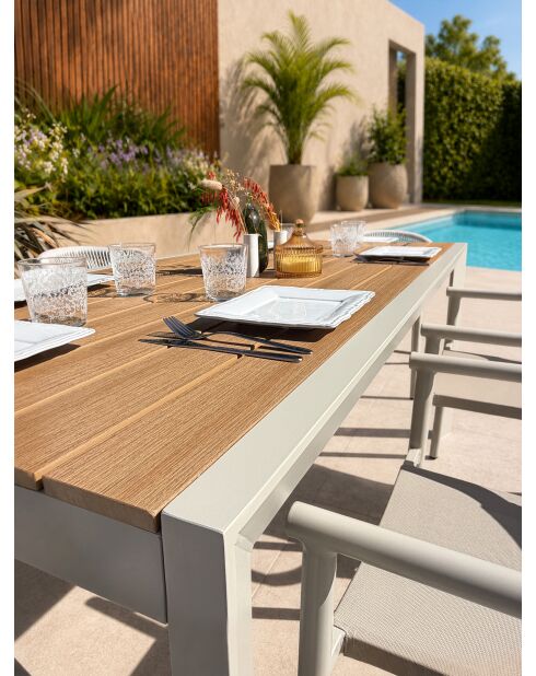 Ensemble table de jardin Tonga en aluminium et plateau polywood aspect bois et 6 fauteuils Sumba grège -7 pièces