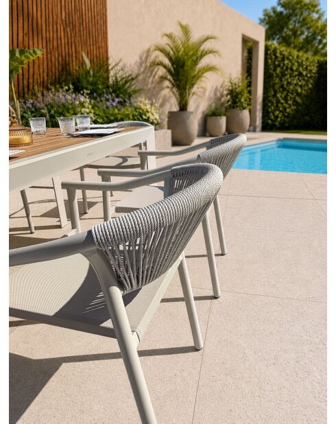 Ensemble table de jardin Tonga en aluminium et plateau polywood aspect bois et 6 fauteuils Sumba grège -7 pièces