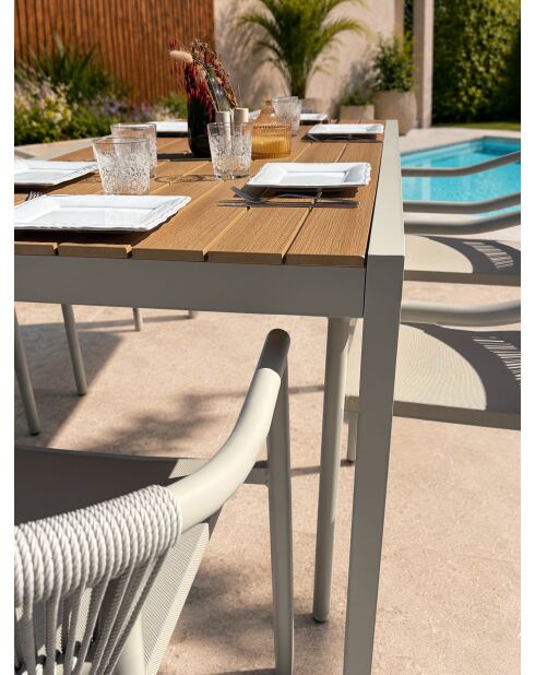 Ensemble table de jardin Tonga en aluminium et plateau polywood aspect bois et 6 fauteuils Sumba grège -7 pièces