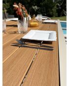Ensemble table de jardin Tonga en aluminium et plateau polywood aspect bois et 6 fauteuils Sumba grège -7 pièces
