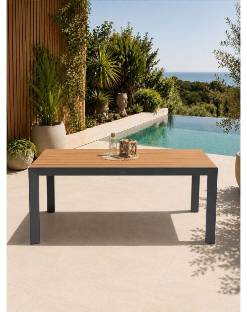 Ensemble table de jardin Tonga en aluminium et plateau polywood aspect bois et 6 fauteuils Sumba grège -7 pièces