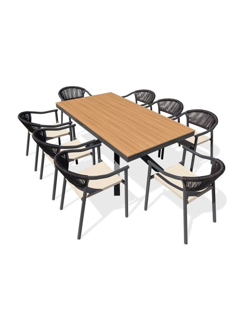 Lot composé d'une table de jardin Lamu en aluminium et plateau polywood aspect bois et 8 fauteuils Sumba gris anthracite - 9 pièces