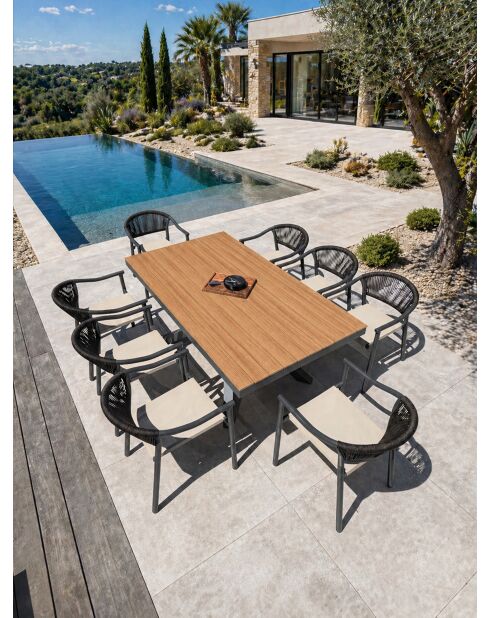 Lot composé d'une table de jardin Lamu en aluminium et plateau polywood aspect bois et 8 fauteuils Sumba gris anthracite - 9 pièces