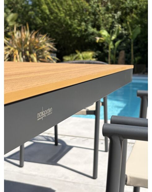 Lot composé d'une table de jardin Lamu en aluminium et plateau polywood aspect bois et 8 fauteuils Sumba gris anthracite - 9 pièces