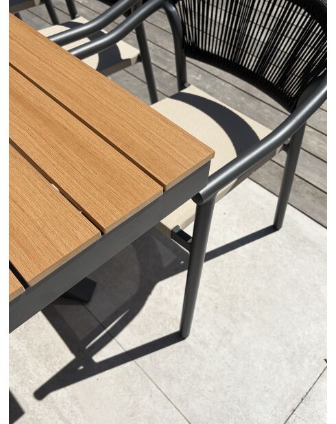 Lot composé d'une table de jardin Lamu en aluminium et plateau polywood aspect bois et 8 fauteuils Sumba gris anthracite - 9 pièces