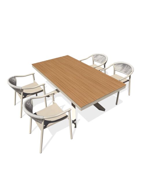 Ensemble table de jardin Lamu en aluminium et plateau polywood aspect bois et 4 fauteuils Sumba grège - 5 pièces
