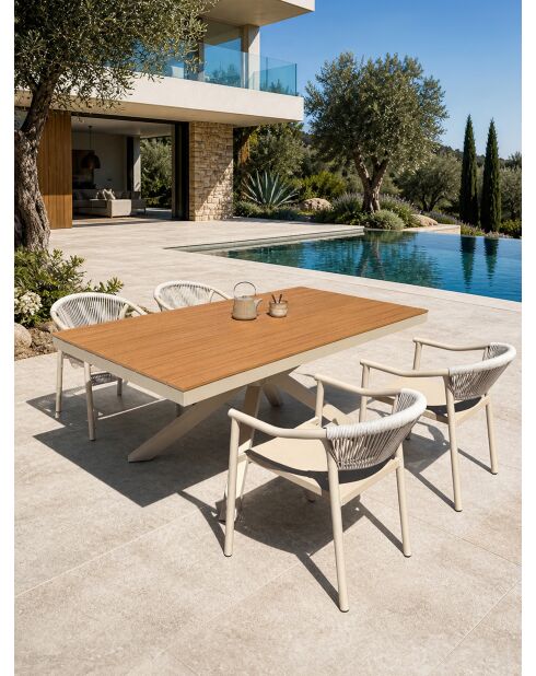 Ensemble table de jardin Lamu en aluminium et plateau polywood aspect bois et 4 fauteuils Sumba grège - 5 pièces