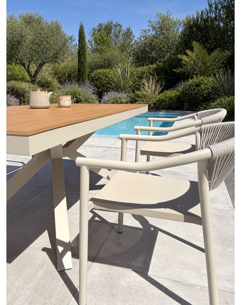 Ensemble table de jardin Lamu en aluminium et plateau polywood aspect bois et 4 fauteuils Sumba grège - 5 pièces