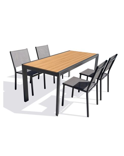 Ensemble table de jardin Tonga en aluminium et plateau polywood aspect bois et 4 chaises Tolede empilables gris anthracite - 5 pièces