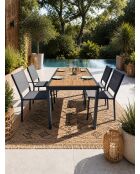 Ensemble table de jardin Tonga en aluminium et plateau polywood aspect bois et 4 chaises Tolede empilables gris anthracite - 5 pièces