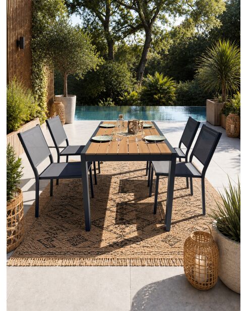 Ensemble table de jardin Tonga en aluminium et plateau polywood aspect bois et 4 chaises Tolede empilables gris anthracite - 5 pièces