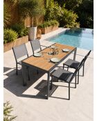 Ensemble table de jardin Tonga en aluminium et plateau polywood aspect bois et 4 chaises Tolede empilables gris anthracite - 5 pièces