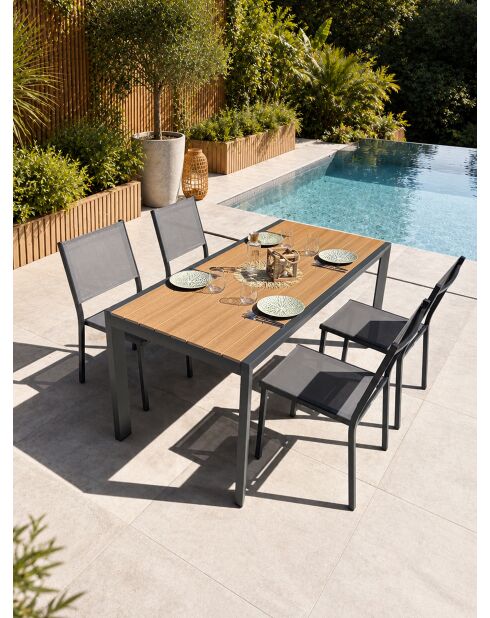 Ensemble table de jardin Tonga en aluminium et plateau polywood aspect bois et 4 chaises Tolede empilables gris anthracite - 5 pièces